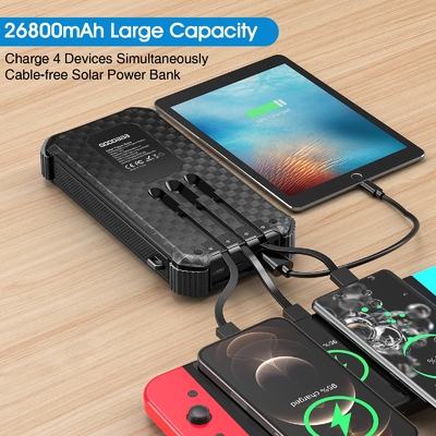 Chargeur actionné solaire portatif imperméable 26800mAh de banque de la puissance IPX5 avec 3 câbles intégrés