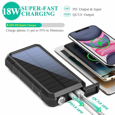 Chargeur solaire sans fil portatif de banque de puissance 18W QC3.0 avec 4 sorties